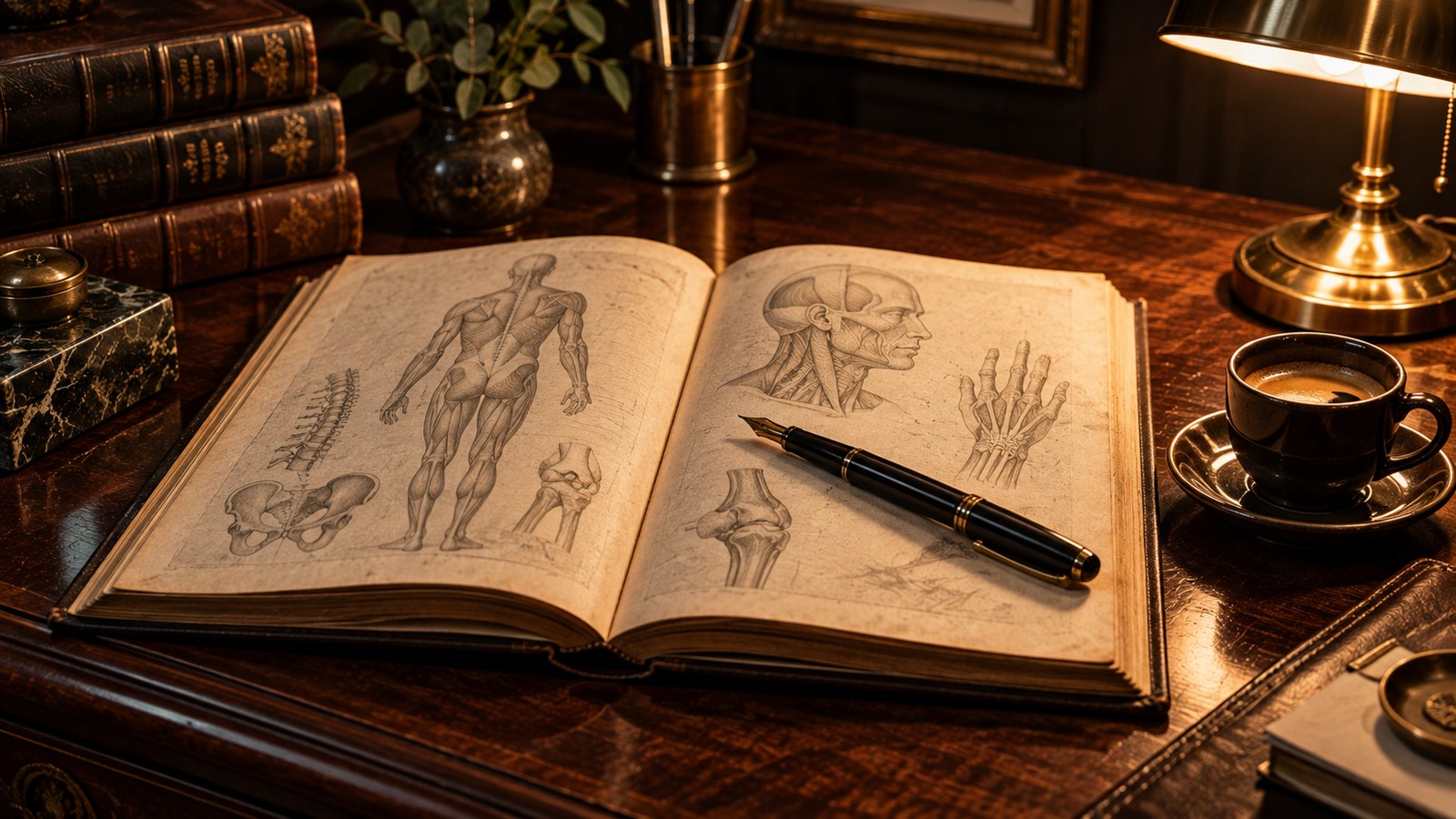 Cuaderno abierto con anotaciones médicas sobre madera de caoba.